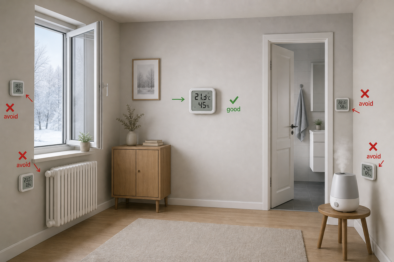 Diagram showing correct and incorrect hygrometer placement in a room