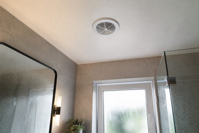 Bathroom extractor fan grille with cold air felt at the opening during a backdraft check