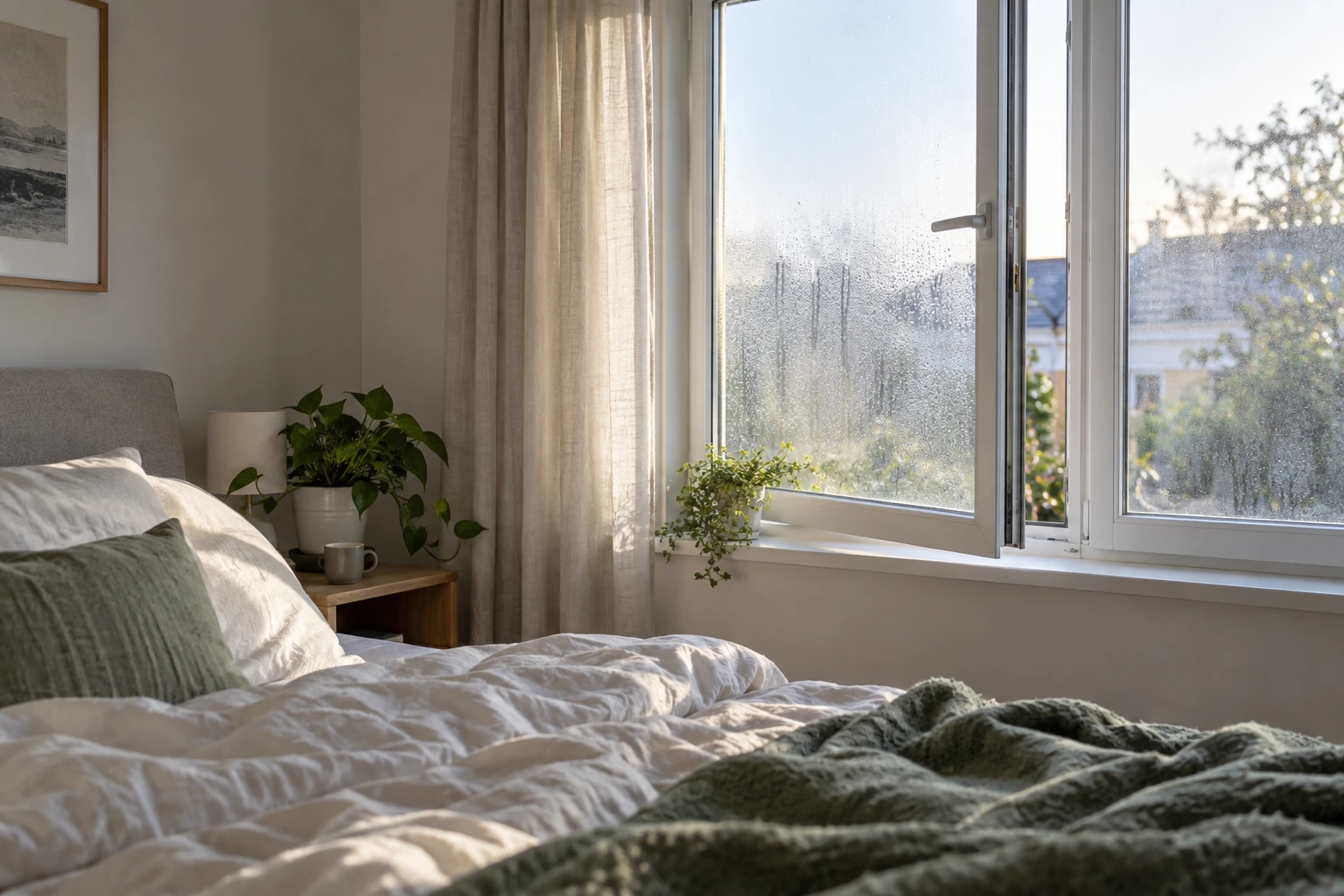 Morning condensation on a slightly open bedroom window beside an ordinary bed