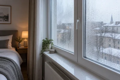 A realistic European bedroom window with morning condensation droplets on the inside of the glass and frame